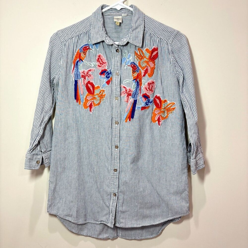 Embroidered Blue Striped Button-Down Shirt